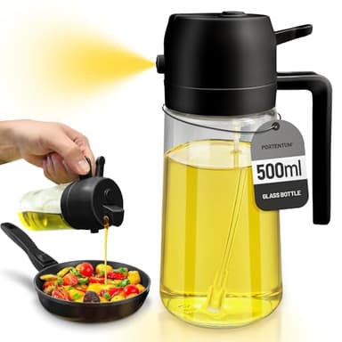 PORTENTUM Ölsprüher für speiseöl 2 in 1-500ml Öl Sprühflasche lebensmittelecht, Ölspray zum Kochen, Hochwertiger Öl Zerstäuber, Ölsprüher für Heißluftfritteuse (Schwarz)