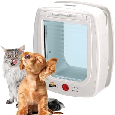Ferplast Katzenklappe mit chiperkennung, hundeklappe kleine Hunde, 4-Wege Katzentür, mit Schutz vor Zugluft, inkl. Katzenhalsband mit Mikrochip, SWING MICROCHIP Mittel,Mikrochip haustierklappe, Weiß