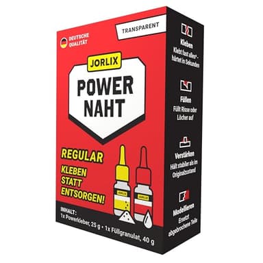 JORLIX POWERNAHT – 2K Schweissnaht Kleber Set | Regular 65g | Sekundenkleber extra stark + Füllgranulat | Kunststoff, Metall, Holz, GFK & PVC uvm. | Deutsche Qualität – wasserfest & hitzebeständig