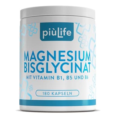 Magnesium Bisglycinat Hochdosiert 300 mg mit Vitamin B6, B1, B5 PiùLife – als Magnesium Glycinat Kapseln mit hoher Bioverfügbarkeit für Muskeln, Stress & Energie – Vegan, Glutenfrei, Laktosefrek
