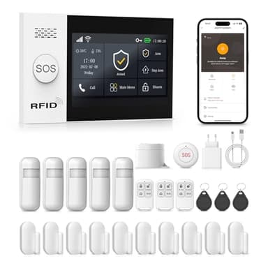 PGST GSM + WiFi Alarmanlage Haus mit 4.3" Touch Screen, Kein Vertrag Smart Komplettsysteme mit APP/SMS/Telefonanruf Alarm 24 Stück, 110dB Host, Bewegungsmelder, Tür/Fenster Sensoren, Fernbedienungen