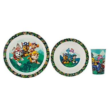 PAW PATROL P:os 34824 - Dino Rescue Frühstücksset, 3-teiliges Geschirrset mit Teller, Schüssel und Trinkbecher, Kindergeschirr aus Kunststoff, spülmaschinen-/mikrowellengeeignet