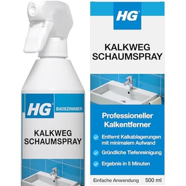 HG Kalkweg Schaumspray, professioneller Kalkentferner für das Badezimmer, entfernt Flecken und Ablagerungen von Duschköpfen, Armaturen, Badewannen und Ablagen (500 ml)