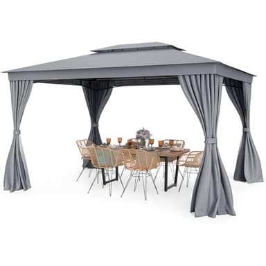 COSTWAY Pavillon 3 x 4 m, Gartenpavillon mit Moskitonetz & Vorhang & Doppeldach, Pavillonzelt Wasserdicht, Winterfest Sonnenschutz Gartenzelt, Terassenpavillon für Terrasse, Garten, Rasen