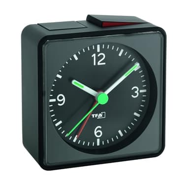 TFA Dostmann Wecker analog Push, 60.1013.01, ohne Ticken mit Licht, lauter Alarm mit Schlummerfunktion, mit Hintergrundbeleuchtung, Reisewecker, batteriebetrieben, klein, Nachttischwecker, schwarz