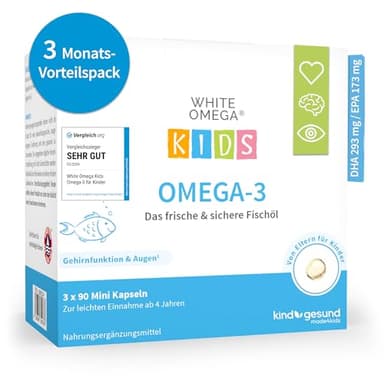 Omega 3 Kinder Vergleichssieger 2025-518mg Fischöl: 293mg DHA & 173mg EPA - zuckerfrei, kein Fischgeschmack, leicht zu schlucken - Omega 3 Kids Fischöl Kapseln - White Omega Kids, 270 Mini Pearlz