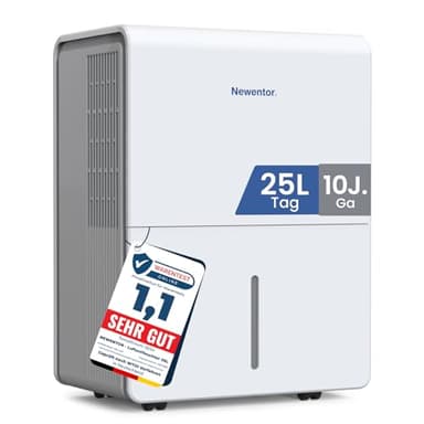 Newentor Luftentfeuchter elektrisch 25L, Entfeuchter elektrisch keller, Raumentfeuchter elektrisch, Dehumidifiers for home für 215m³/80m², mit Timer, Filter, Ablaufschlauch, 10 J. Gar.