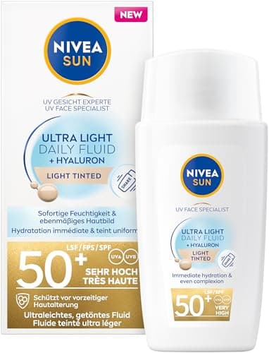 NIVEA SUN getönte Gesichtspflege mit LSF 50+, ultraleichte Sonnencreme mit Hyaluron und Antioxidans, UV Gesicht Experte Ultra Light Daily Sonnenschutz Fluid Heller Hauttyp (40 ml)