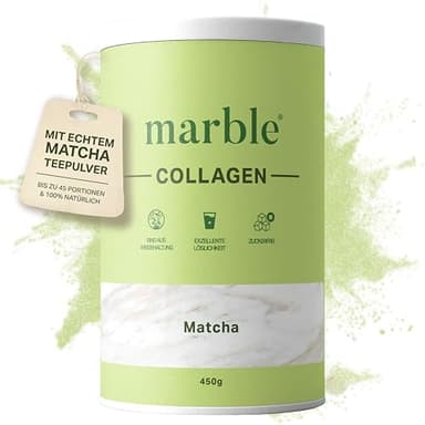 marble® Collagen Pulver 450 g - Collagenpeptide - 60 Tage risikofrei testen - Aminosäuren Komplex hochdosiert - Kollagenpulver in Pappdose ohne Plastiklöffel (Matcha)