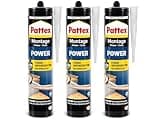 Pattex Montagekleber Power, Baukleber mit starker Anfangshaftung, Kraftkleber für saugende Materialien, Kleber für innen & außen, 3 x 370g