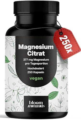 Magnesiumcitrat Kapseln hochdosiert – 250 Kapseln mit 377 mg Magnesium pro Tagesportion, laborgeprüft, vegan & produziert in Deutschland