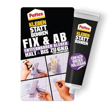 Pattex Kleben statt Bohren Fix & Ab, ablösbarer Montagekleber, stark haftender Wandkleber für Regale und Wandbefestigungen, ohne Beschädigung ablösbar, Kraftkleber hält bis zu 6kg, 44g Tube