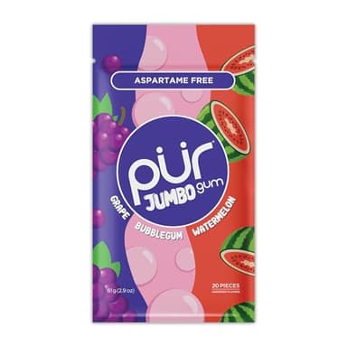 PUR Jumbo Gum | Aspartamfreier Kaugummi | Mit Xylit | Natürlicher Bubblegum, Grape, Watermelon Geschmack, 20 Stück (1er Pack)