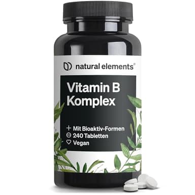 natural elements Vitamin B Komplex – 240 Tabletten – mit 8 essenziellen B-Vitaminen & Kofaktoren – mit Bioaktiv-Formen – vegan, hochdosiert – laborgeprüft