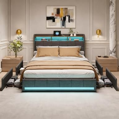 BRYXR Boxspringbett 140x200 mit Lattenrost，Stilvolles Polsterbett mit Stauraum, 4 Schubladen, Individueller LED-Beleuchtung, USB und Typ-C-Anschlüssen, Modernes Graues Design für optimalen Komfort