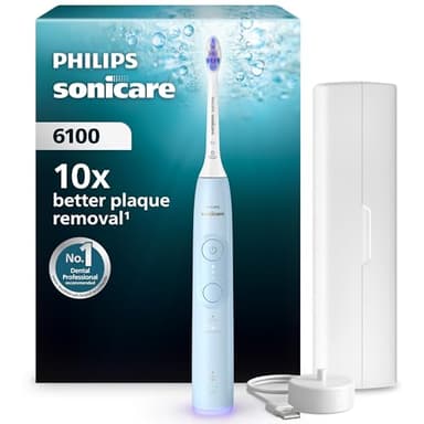 Philips Sonicare 6100 elektrische Zahnbürste, Schallzahnbürste mit 2 Putzmodi, 3 Intensitätsstufen, Andruckkontrolle, EasyStart, SmarTimer, BrushPacer, Hellblau, Modell HX7406/02 [Neue Technologie]