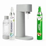 Sparpaket: Mysoda Woody - Wassersprudler aus erneuerbarem Holzkomposit mit 1L BPA-freier Plastikflasche, CO2-Zylinder Classic + CO2-Zylinder Apfel (Grau)