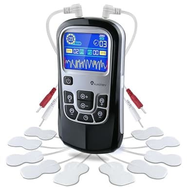 Auxoliev TENS Gerät Schmerztherapie，2 Kanäle EMS Gerät，25 Modi und 50 Intensitätsstufen，Reizstromgeräte Gegen Schmerzen mit 10 Elektroden Pads (Schwarz)