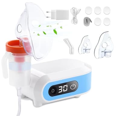 Wholede Inhalationsgeräte für Erwachsene Kinder Baby, LED Digitalanzeige Kompressor Inhaliergerät mit Timerfunktion, Elektrische Inhalator mit Mundstück und Maske(Blau)