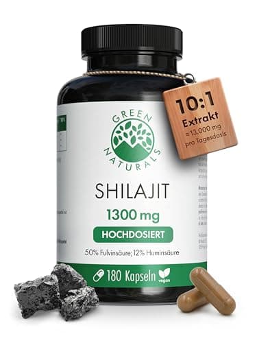 Shilajit Original Himalaya - Hochdosiert: 1300 mg Shilajit pro Tagesdosis (10:1 Extrakt) +50% Fulvinsäure +12% Huminsäure - 3 Monate Vorrat (180 Kapseln) - Ohne Zusätze - Green Naturals®