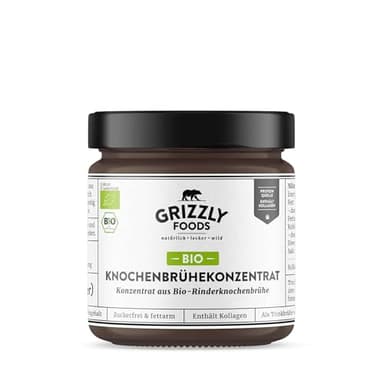 Grizzly Foods • Bio Knochenbrühe Konzentrat vom Rind 220g (88g Kollagen pro Glas) • natürlich & proteinreich • Ohne Zusätze • Trinkbrühe & Kochbasis in Bio-Qualität • Rinderknochenbrühenkonzentrat