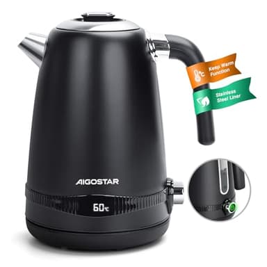 Aigostar Edelstahl Wasserkocher mit Temperatureinstellung 1,7 Liter Retro Schwarz Matt - Digitaler Temperaturanzeige Elektrisch Wasserkocher 2200W, Warmhaltefunktion, Ohne Plastik Inner, BPA-frei