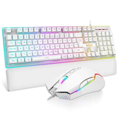 RedThunder K10 Gaming Tastatur und Maus Set, QWERTZ DE-Layout, Metallplatte und Handballenauflager，RGB-Hintergrundbeleuchtung - und 7D mit Ergonomische - für PC Mac Gamer(Weiß)