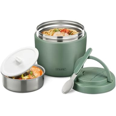Itslife Thermobehälter für Essen 970ml, Thermoschüssel mit Deckel, Warmhaltebehälter aus Edelstahl mit Löffel, Thermoskanne Essen Auslaufsicher, Thermo Lunchbox für Suppen, Babybrei, Porridge (Grün)