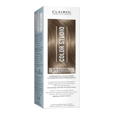 Clairol Professional Color Studio Permanente Haarfarbe Mittelaschblond 7/1 (110 ml) – mit Metal-Purifier für 6 x weniger Haarbruch, 10 Wochen sattes Farbergebnis & 100 % Grauabdeckung – inkl. Haarkur