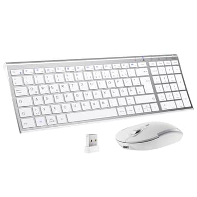Tastatur Maus Set Kabellos, iClever Kabellose Tastatur und Maus, Wiederaufladbare, Deutsche QWERTZ Layout Funktastatur für Computer/Desktop/PC/Laptop/Windows 10/8/7, Weiß und Silber
