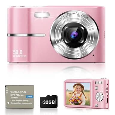 EJXHKNF Digitalkamera 50MP Fotokamera 1080P Videokamera mit 16X Digitalzoom, 2,4" Bildschirm Kamera Fotoapparat Mini Kompaktkamera für Kinder Teenager mit 1 Akku, 32G Karte (Rosa)
