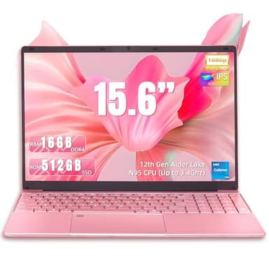 Amita 15,6" Rosa Laptop, 12.Gen N95 (bis zu 3,4 GHz),16 GB DDR4 RAM, 512 GB NVME SSD,Win 11Pro & Office 365,Tragbares Notebook mit hintergrundbeleuchteter Tastatur,Dual-Band WiFi (16+512G)