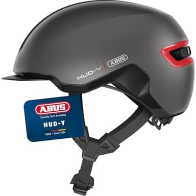 ABUS Urban Helm HUD-Y - mit magnetischem, aufladbarem LED-Rücklicht & Magnetverschluss - cooler Fahrradhelm für den Alltag - für Damen und Herren - Titan/Rot Matt, Größe M