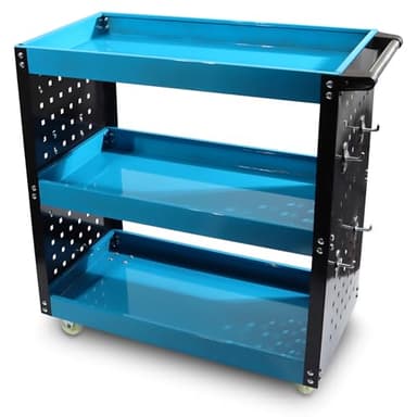 BITUXX Werkstattwagen mit 3 Ablagen, robuster Werkzeugwagen mit Rollen, Werkzeugablage für Garage & Werkstatt, mobiler Metallwagen, Stabiler Werkzeugkarren mit Griff und Lochwand mit 12 Haken