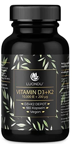 Luondu Vitamin D3 10.000 I.E + Vitamin K2 MK7 200 mcg Depot - vegan - Vitamin D3 K2 Kapseln hochdosiert (180 Kapseln) - Grosspackung Konsummenge: min. 3 Personen, für Schulklassen & große Familien