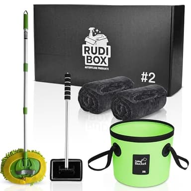 RudiBox® Premium Autopflege Set – Komplettes Autowaschset Innen & Außen mit Waschmop/Waschbürste, Mikrofasertücher & Eimer – Deutsche Marke, optimal für Autofans