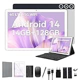 2025 Neueste Android 14 Tablet 10 Zoll,4G LTE Tablets Mit 2 SIM 1 SD slot,5G Wifi Tablett PC Mit 14GB+128GB(1TBTF),3-in-1 Tablet Mit Tastatur Maus-Octa-core,1080FHD,13+8MP,7000mAh,GPS/OTG-Silber