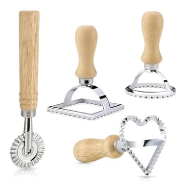 SXCCNW Ravioli Ausstecher Former, 4 Stück Ravioli Ausstecher Set, Ravioli Roller mit Holzgriff, Edelstahl Ravioli Ausstecher Set für Ravioli Pasta Knödel Werkzeug Keks, YHDM-244