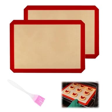 KQDRAVINE 2 Stück Silikon Backmatte, Wird mit Einer Silikonölbürste Geliefert, 30x40 cm Silikonmatte, Dauerbackfolie Für Backblech, Wiederverwendbare Backmatte für Brot, Macarons, Kekse, Pizza