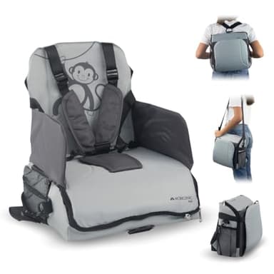 Mobiclinic® kids, Tragbarer hochstuhl, Monkey, Europäische marke, Reisehochstuhl, 6 bis 36 monate, 15kg, Faltbar, Verstellbarer 5-punkt-gurt, Mit aufbewahrung, Baby, Babysitz, Grau