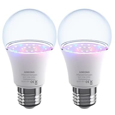 AIMEOKO Pflanzenlampe E27 LED wachsen Glühbirnen 12W, äquivalent 150W-G60 Vollspektrum wachsen Lampe - E27 Base, wachsen Licht für Indoor-Pflanzen, Gartenarbeit, Blumen, Gewächshaus- 2 Stück