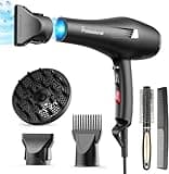 HappyGoo Föhn Ionen Profi Fön Haartrockner Hair Dryer Haarföhn mit 1 Diffusor 2 Stylingdüse, 3 Heiz und 2 Geschwindigkeitsstufen, 2,5 Meter langes Netzkabel, Starker Fön für Familie (Schwarz)