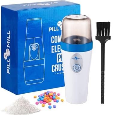 Kompakter Kleiner Elektrischer Tablettenzerkleinerer von Pill Mill - Feinpulver Elektronikpulverisierer für Kleine bis Große Medikamenten- und Vitamin-Tabletten, Reisefreundlich, Inkl Bürste