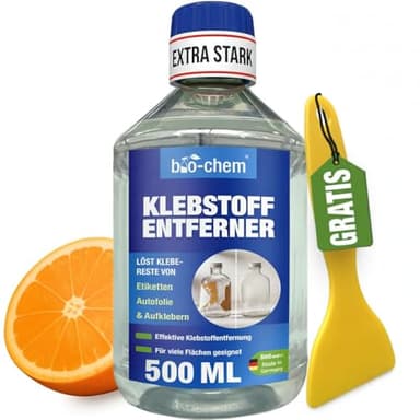 bio-chem Klebstoffentferner Etikettenlöser mit Orangenterpenen – 500 ML – Extrem starker Entferner für hartnäckige Etiketten, Aufkleber & Klebereste – Etikettenentferner inkl. Schaber