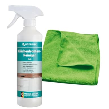 HOTREGA Küchenfronten Reiniger Matt 500ml | Entfernt Fingerabdrücke & Alltagsschmutz von matten Küchenfronten | Materialschonend |inkl. Microfasertuch