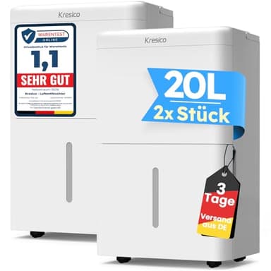 Kresico Luftentfeuchter elektrisch 20L (2er), Entfeuchter elektrisch, Luftentfeuchter Keller für Räume bis zu 150m³/50m², Raumentfeuchter elektrisch 39dB mit Ablaufschlauch, Filter, Timer, 10 J. Gar