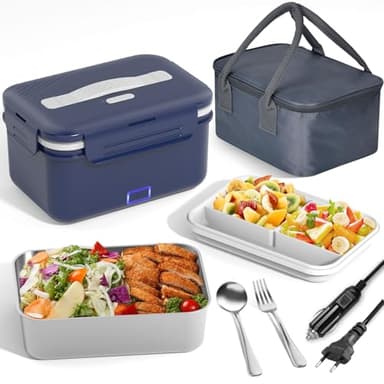 100W Elektrische Lunchbox Erwachsene, 3-in-1 12/24/220V Thermo Lunch box mit Besteck und Isolierter Lunchbeutel, Auslaufsicherer,1.8 L Großbehälter,Brotdose mit Fächern für Auto,LKW,Office,Dunkelblau