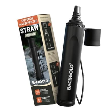 Bachgold Straw Wasserfilter Outdoor Survival – Ultraleichte Prepper Ausrüstung Liefert bis zu 500L Frisches Trinkwasser für Jeden Ernstfall, inkl. Schlauch, Langlebig Konstruiert, Schwarz