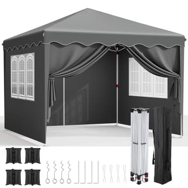 Pavillon 3x3, Faltpavillon Stabil Winterfest mit Oxford, UV Schutz 50+, Faltpavillon mit Seitenteilen, 4 PCS Sandsack, Gartenpavillon Höhenverstellbar, Faltbare Pavillon Zelt für Camping Grau