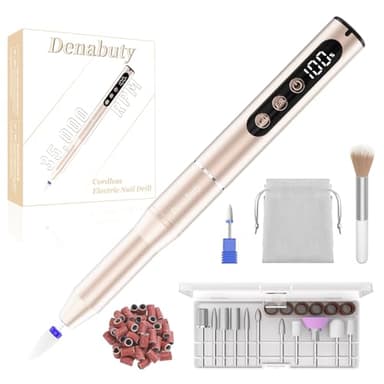 Denabuty Nagelfräser Kabellos 35000 U/Min, Elektrische Nagelfeile 12 in 1 Fräser Nägel Professionell Nail Drill, Nagelfräser für Gelnägel, für Semi Permanent und Acrylnägel, Maniküre Pediküre Golden
